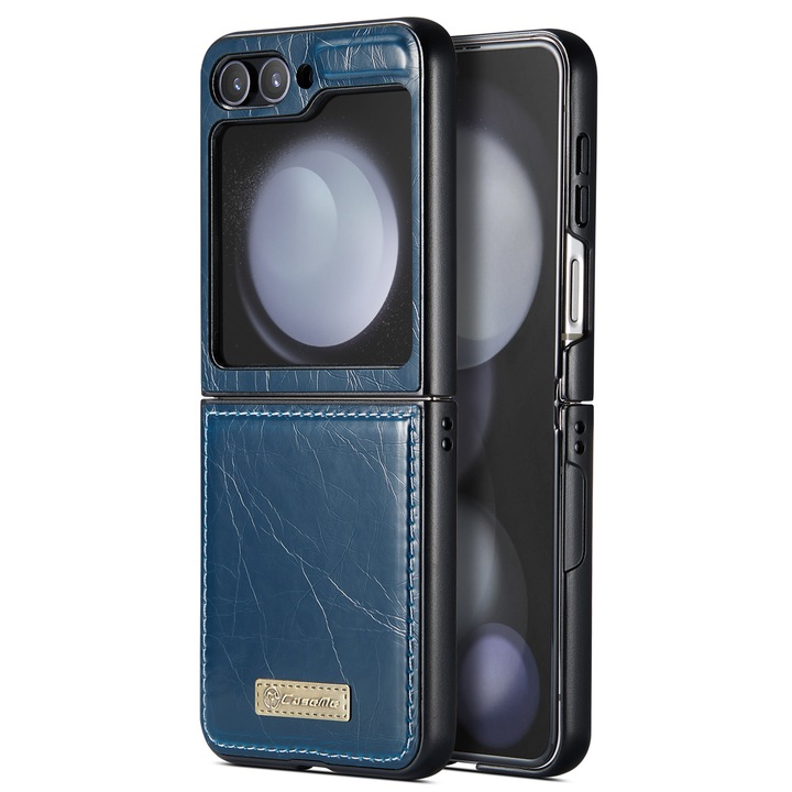 Калъф за Samsung Galaxy Z Flip5, CaseMe, фина кожа, стойка, Син