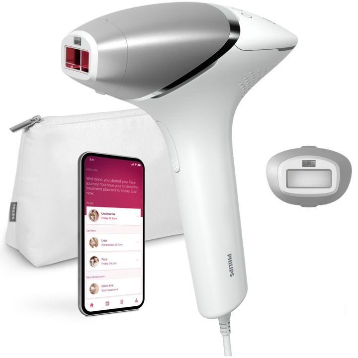 Фотоепилатор IPL Philips Lumea Series 8000 BRI940/00, Сензор Smartskin, Технология SenseIQ, Връзка с приложението, Кабелна употреба, 450 000 импулса, Аксесоар за тяло, Бял/Сребрист