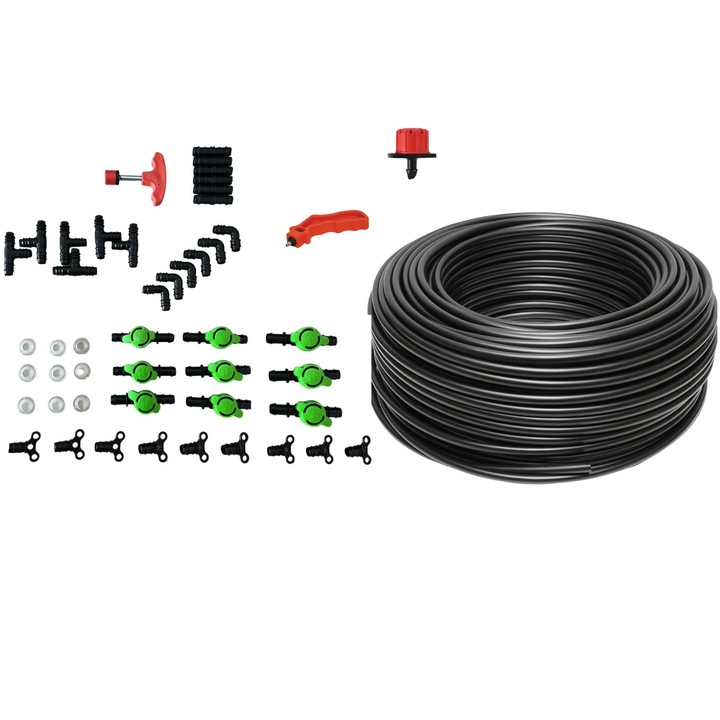 Kit irigare gradina, tub picurare orb, 200 metri, 16 mm, cu 100 duze reglabile, toate accesoriile din poza incluse