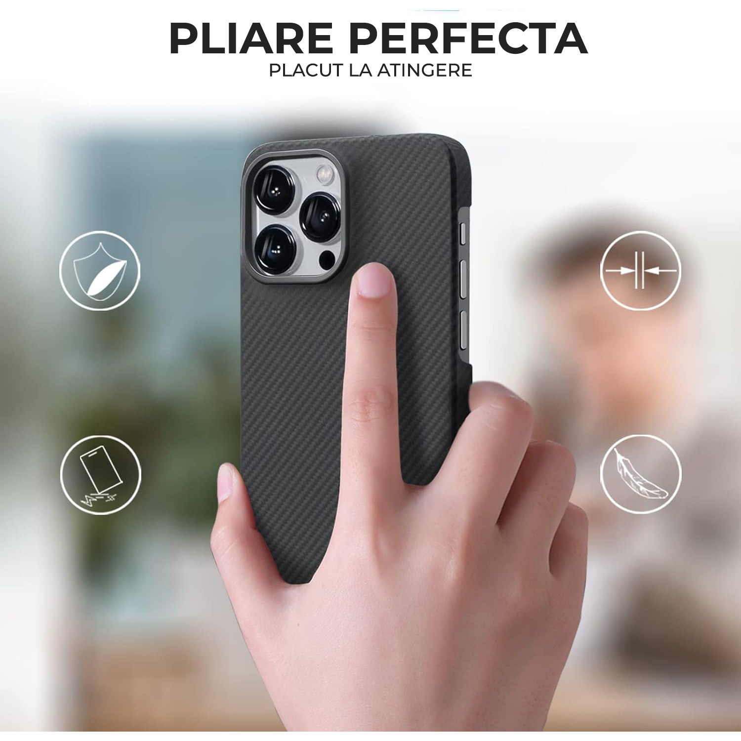 Husa Premium din fibra de aramida/kevlar pentru iPhone 15 Pro Max, Protectie Importriva socurilor, Protectie Camera, Negru