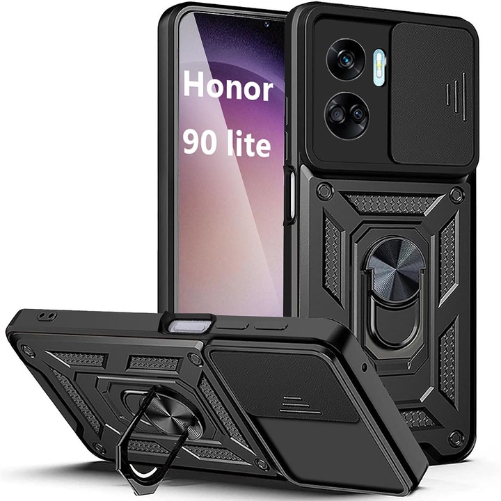 Husa pentru Honor 90 Lite cu inel Ring Armor Kickstand Aiyando cu protectie camera, negru