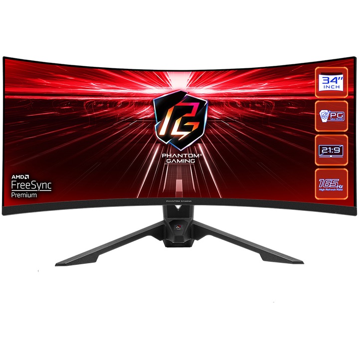 ASRock PG34WQ15R3A gaming monitor, 34" VA, UHD (3440 x 1440) 1500 ívelt, 165 Hz, 1 ms, HDMI, DisplayPort, AMD FreeSync, WiFi, fekete