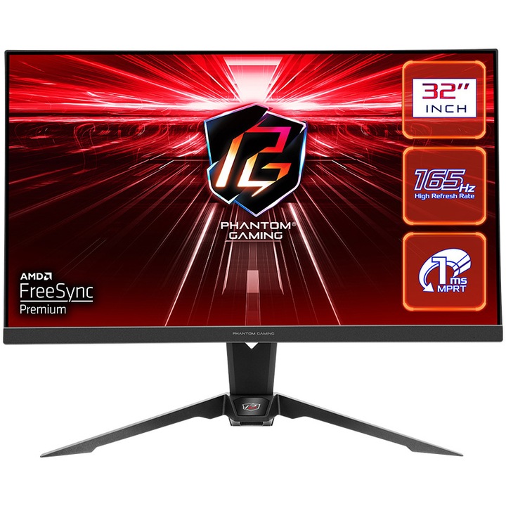 ASRock PG32QF2B gaming monitor, 32" VA, QHD (2560X1440), 165Hz, 1ms, 92% DCI-P3, HDMI, DisplayPort, WiFi antenna, FreeSync Premium, fekete
