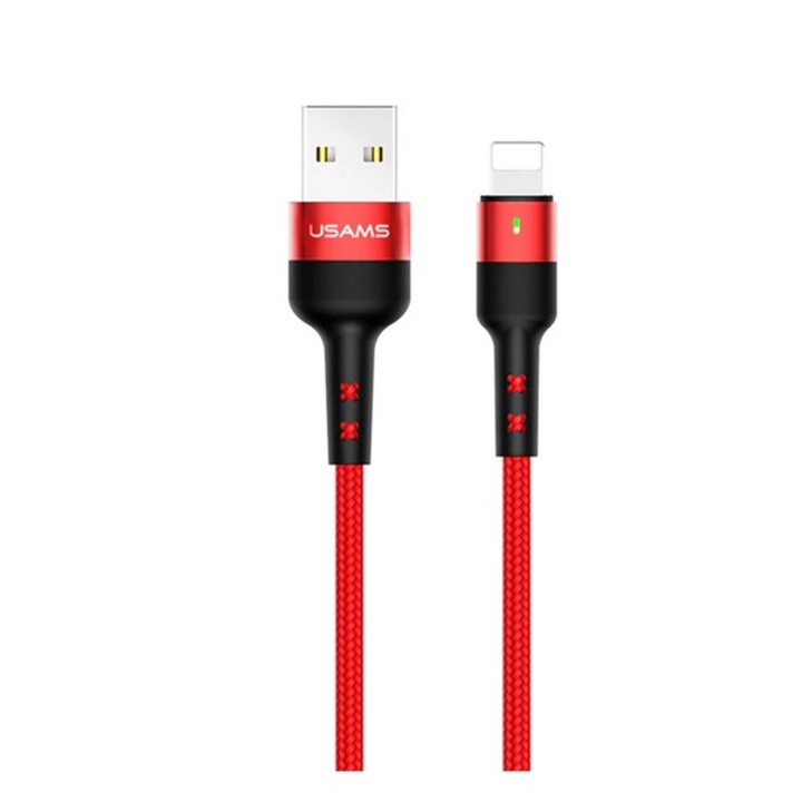 Usams u26 adatkábel, usb - lightning, 2a, gyorstöltő, 100cm, törésgátló, led jelzés, piros, kompatibilis: Apple iPhone 14 Pro / iPhone 14 Plus / iPhone 14
