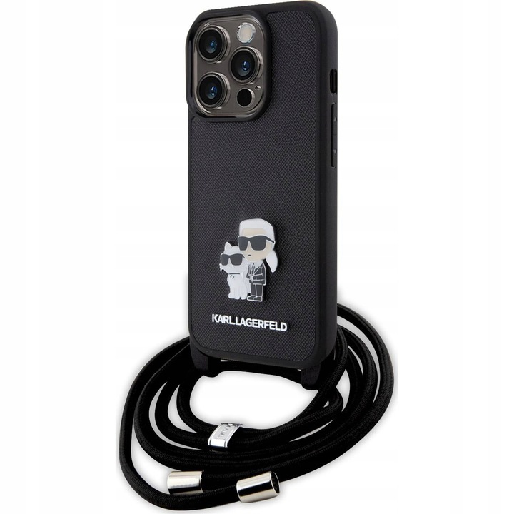 Karl Lagerfeld Crossbody Saffiano fémtű Karl & Choupette tok iPhone 15 Pro készülékhez - fekete
