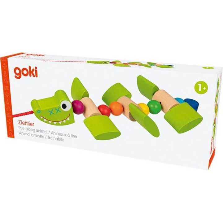 Jucarie de tras in forma de crocodil, Goki, Lemn, Multicolor, 28 x 12 cm