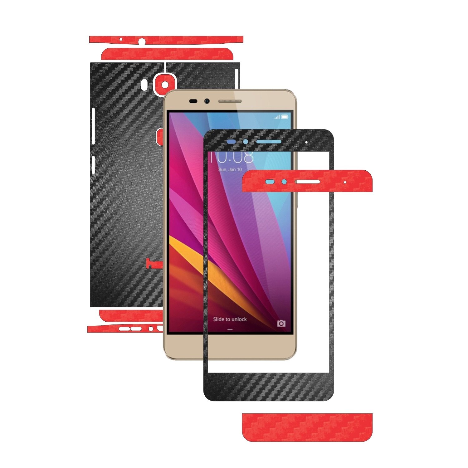 Folie de protectie Full Body Carbon Skinz, Acoperire Totala, Two Tone Negru / Rosu dedicata Huawei Honor 5X