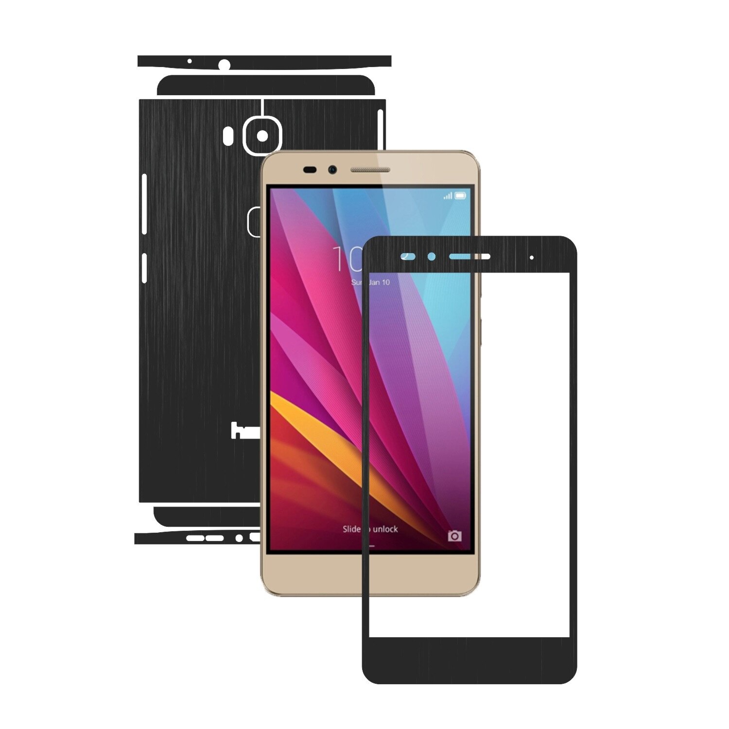 1 + 1 GRATUIT - Huawei Honor 5X - Brushed Negru - Folie de protectie Carbon Skinz, Husa Full Body Cover de tip Skin Adeziv pentru Rama Ecran,Carcasa Spate si Laterale