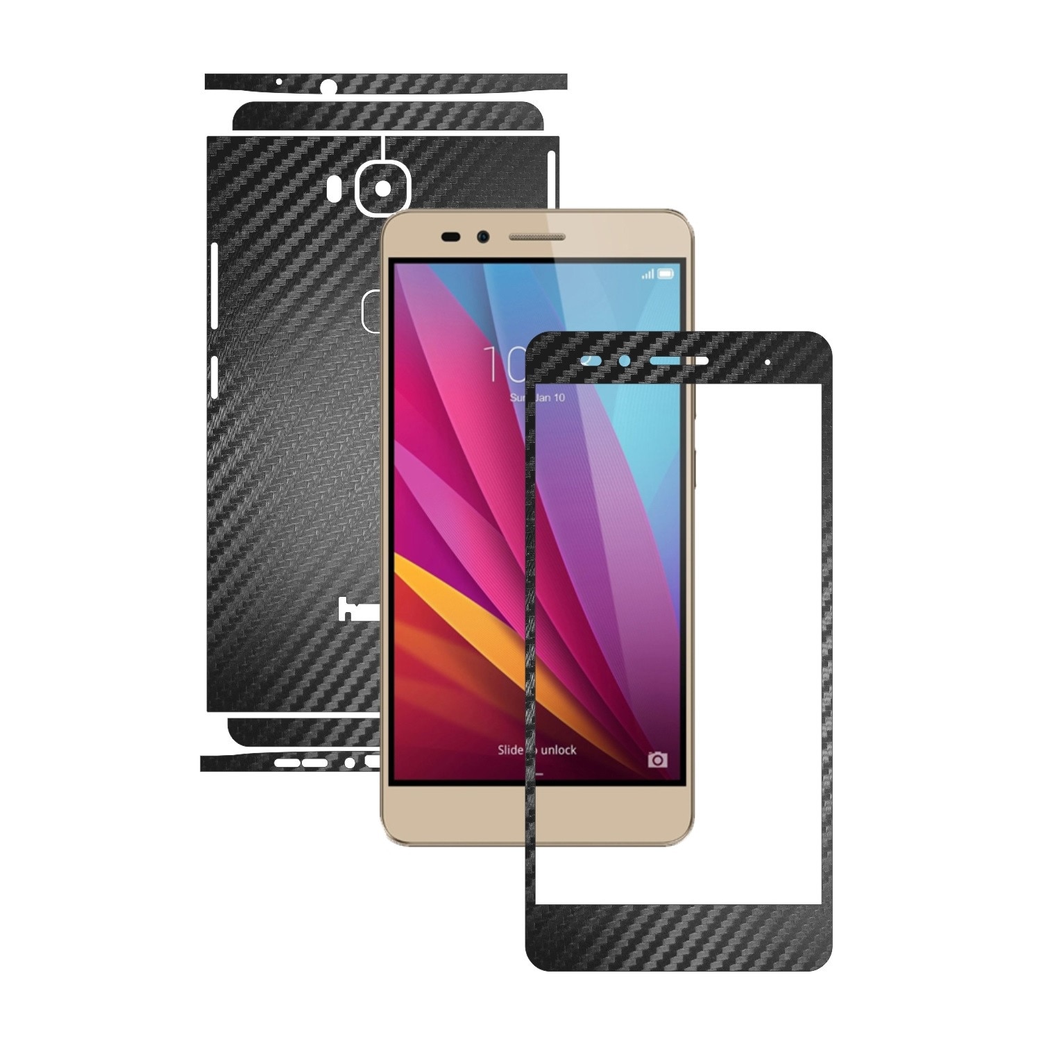 1 + 1 GRATUIT - Huawei Honor 5X - Carbon Negru - Folie de protectie Carbon Skinz, Husa Full Body Cover de tip Skin Adeziv pentru Rama Ecran,Carcasa Spate si Laterale