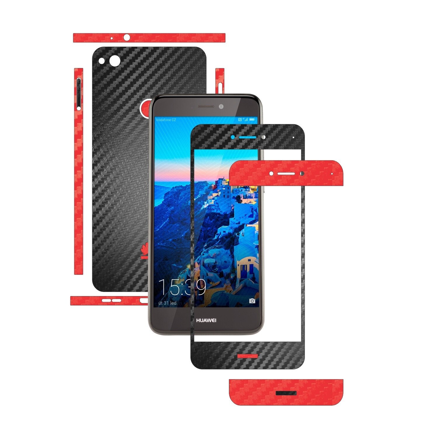 Folie de protectie Full Body Carbon Skinz, Acoperire Totala, Two Tone Negru / Rosu dedicata Huawei P9 Lite 2017