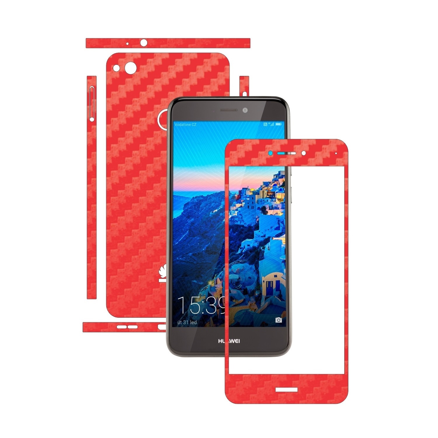 Folie de protectie Carbon Skinz, Husa de tip Skin Adeziv pentru Carcasa, Carbon Rosu dedicata Huawei P9 Lite 2017