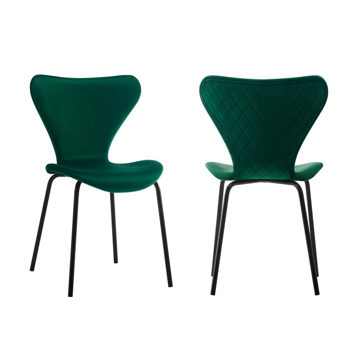 Set 2 scaune bucatarie living, horeca model cusatura pe spate, tapiterie catifea verde smarald, max 120 KG, 50.5 X 46 X 81 cm, Fluture Femme