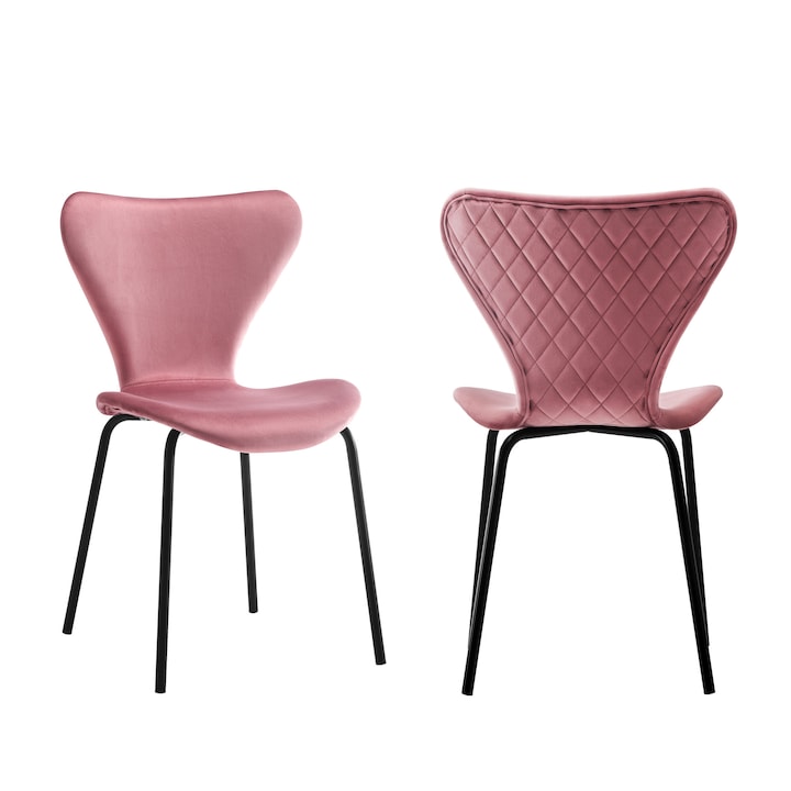 Set 2 scaune bucatarie living, horeca model cusatura pe spate, tapiterie catifea roz, max 120 KG, 50.5 X 46 X 81 cm, Fluture Femme