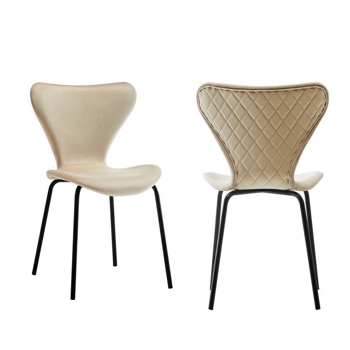 Set 2 scaune bucatarie living, horeca model cusatura pe spate, tapiterie catifea crem, max 120 KG, 50.5 X 46 X 81 cm, Fluture Femme