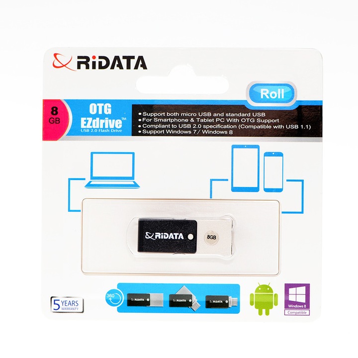 USB памет RiDATA 2-in-1 Storage, модел OT3, 8GB, microUSB-USB 2.0, Черен