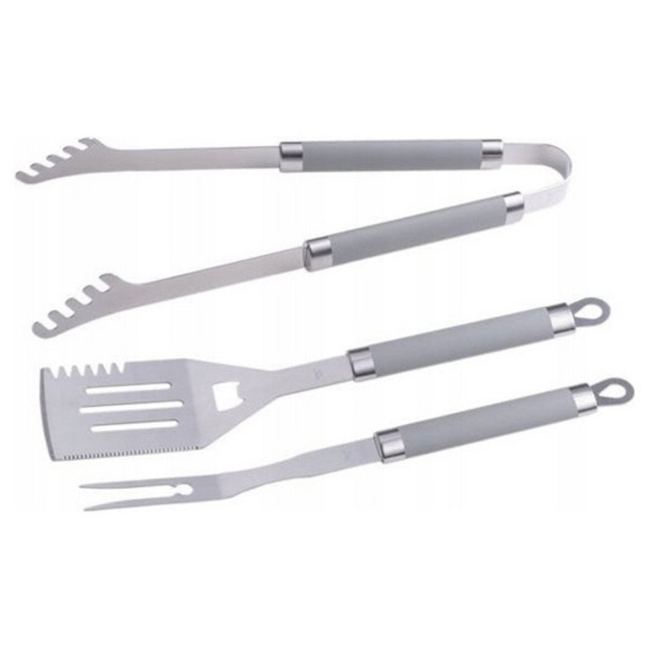 Set 3 ustensile pentru gratar, Floraland, Inox, 43cm, Argintiu