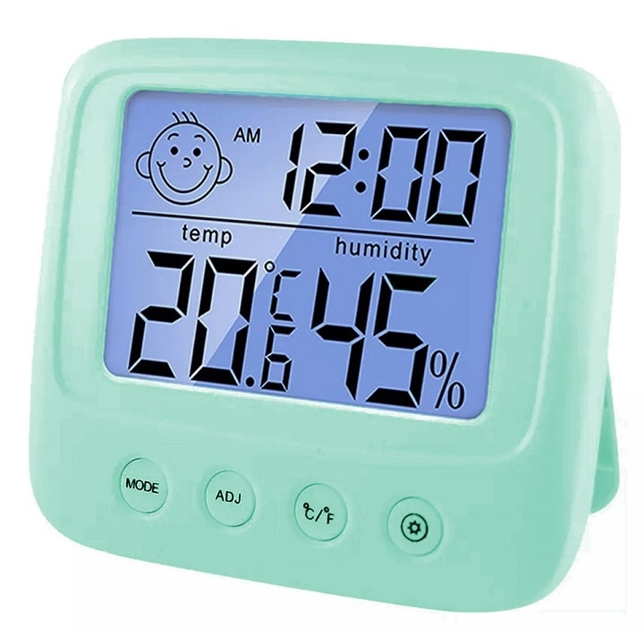 Termometru si higrometru de camera digital, Welora®, Masurare precisa a temperaturii si umiditatii, Afisaj LCD, Ceas cu alarma, Design Compact, Ideal pentru camera copilului, acasa, birou, Verde