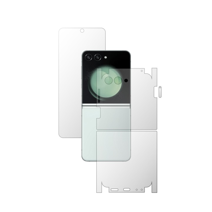 iSkinz teljes testfólia Samsung Galaxy Z Flip 5 telefonhoz – láthatatlan Skinz HD, 360 fokos vágás, ultratiszta szilikon képernyővédelem, hát- és oldalborítás, öntapadó bőr, átlátszó