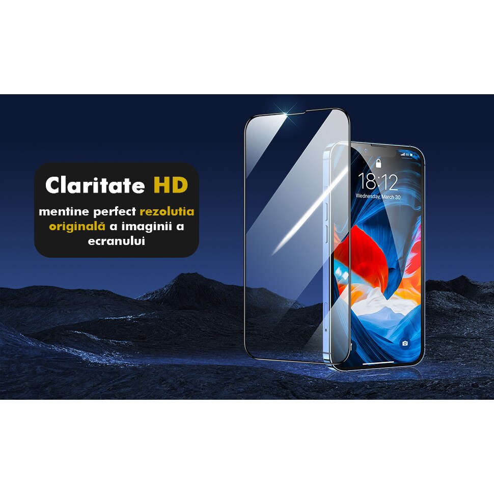 Folie Sticla pentru iPhone 15 Pro Max, Kribo Premium Fit cu filtru anti-praf, Transparenta Ultra HD, Protectie Ecran Premium, Full Cover, Full Glue