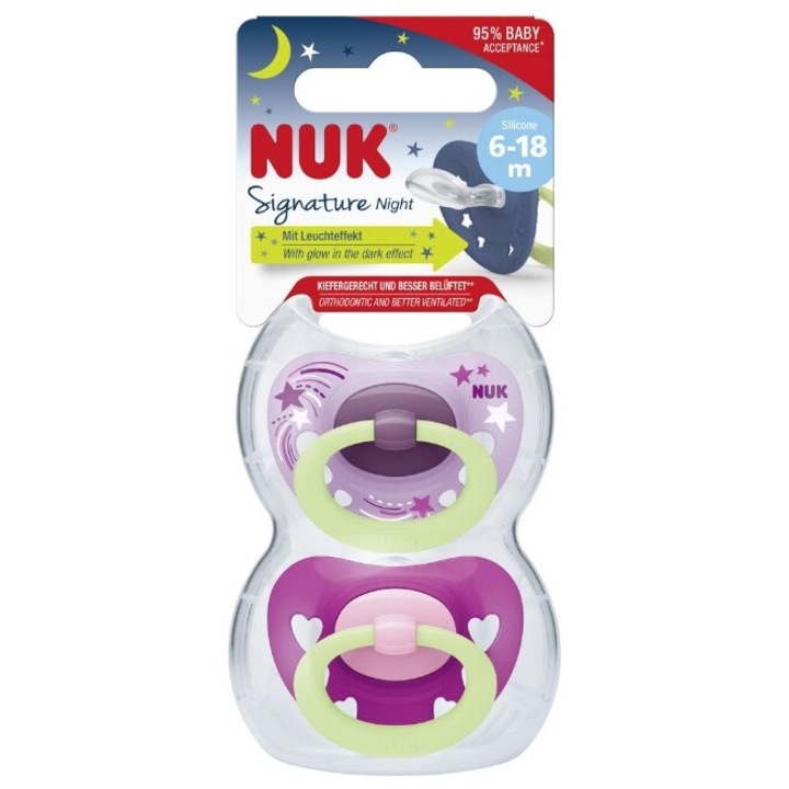 Set 2 suzete ortodontice din silicon Nuk Signature Night, 378808, Rosu 18+ 2 ani 3 ani