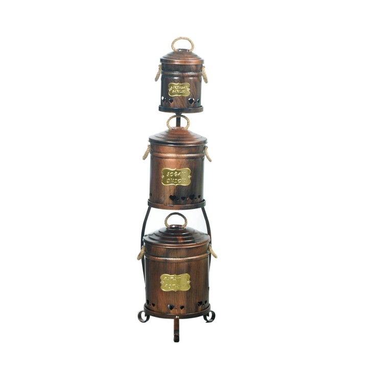 Suport cu 3 cosuri cu capac metallic multifunctional, Ø29xh92 cm - Cupru antichizat
