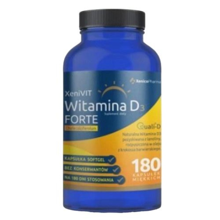 Supliment alimentar Xenico Pharma, XeniVIT, Vitamina D Forte, 4000 IU, ulei de floarea-soarelui, 180 capsule