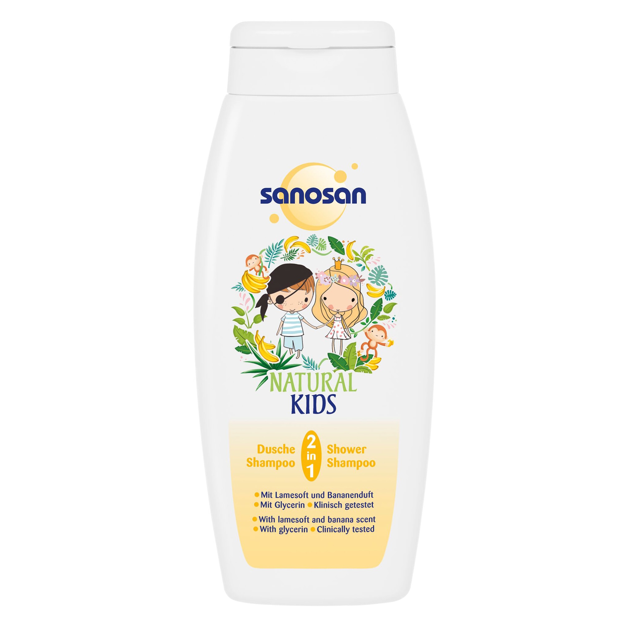 Sampon si gel de dus 2 in 1 Sanosan Kids cu aroma de banane, 250 ml