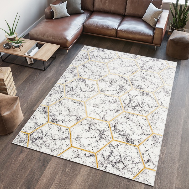 Covor, Tapiso, Shine, 120 x 170 x 1.2 cm, Geometric, Modern, Efect 3D, Sigur Pentru Incalzirea Prin Pardoseala, Izolatie Acustica Si Termica, Oeko-Tex, 75% Polipropilen, 25% Poliester, Auriu, Gri