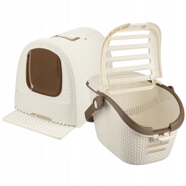 Set litiera/usca transport pisica, Curver, Plastic, Crem/Maro