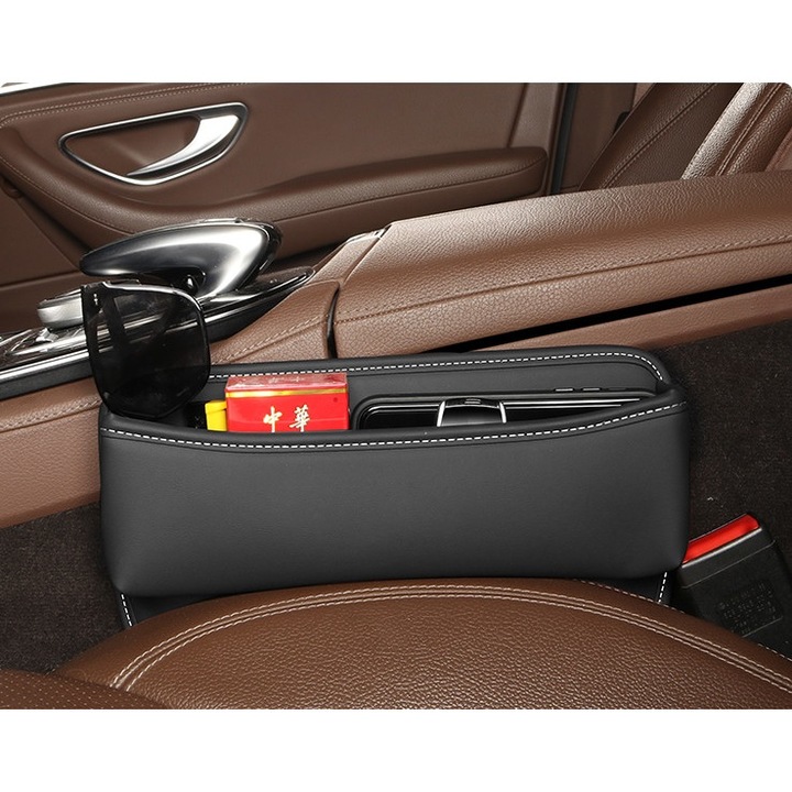 Organizator telefon, chei, scaun auto, 29 x 8 cm + suport fixare 20 cm, Negru