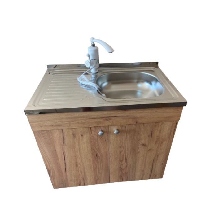 Set, Masca bucatarie Stejar-Sonoma, Tempo line, 80 cm X 50 cm X 80 cm, Chiuveta cu cuva pe partea dreapta, Baterie electrica, Sifon scurgere