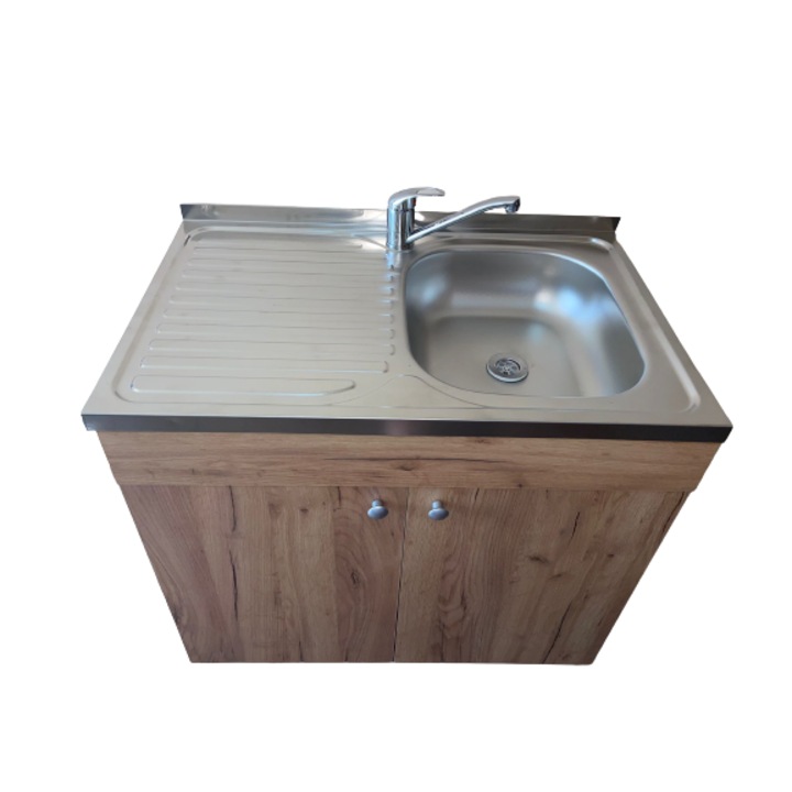 Set, Masca bucatarie Stejar-Sonoma tempo, 80 cm X 50 cm X 80 cm, Chiuveta anticalcar cu cuva pe partea dreapta, Baterie lavoar TL si Sifon scurgere