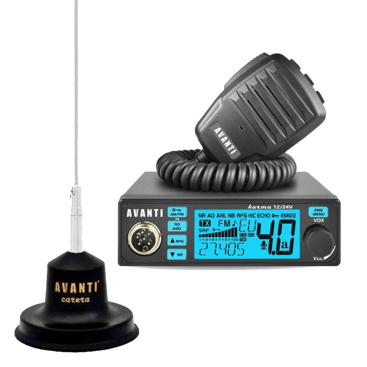 Kit Statie Radio Avanti Karma PRO 2025 MSR 12/24V ASQ, ECOU+ Antena CB Avanti Carera 1m