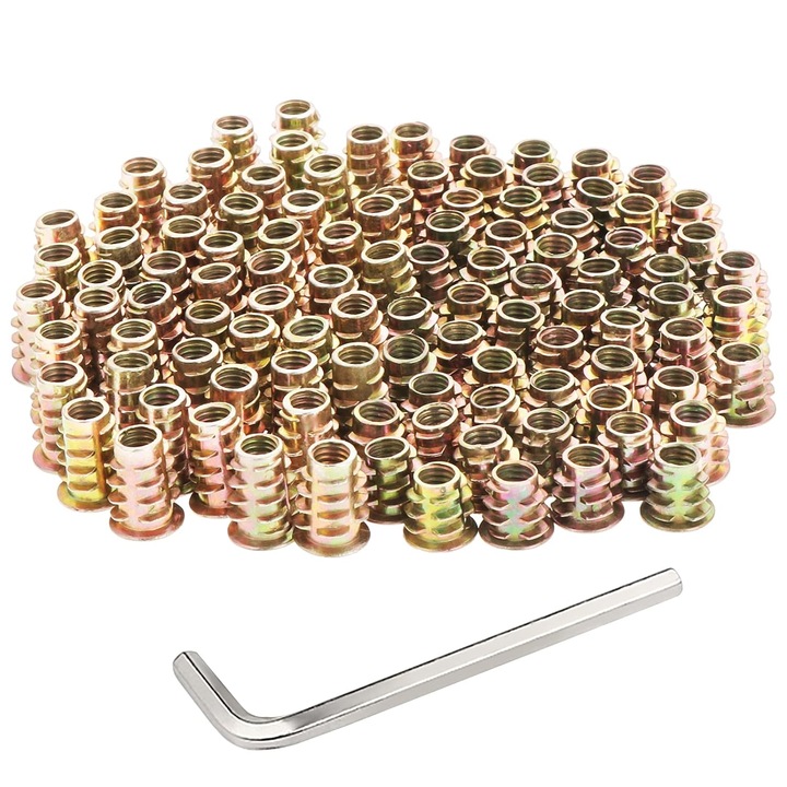 100 db hatlapú anya készlet fához és egy kulcshoz, Tovbmup, acél, karimás, M6x10mm és M6x15mm, arany