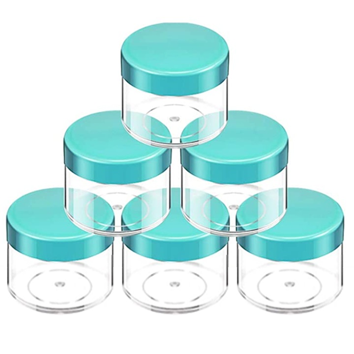 Borcan rotund transparent cu capac albastru, 60ml, set de 6 bucati, sticla acrilica reutilizabila