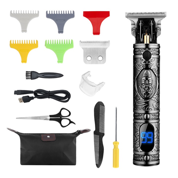 Aparat de tuns pentru barbati, Cozevdnt, Metal, Cu accesorii, Mufa USB, Negru