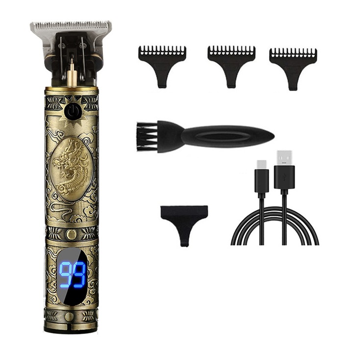 Aparat de tuns pentru barbati, Cozevdnt, Metal, Cu accesorii, Mufa USB, Auriu/Negru