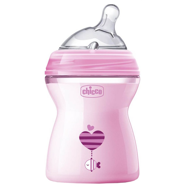 Biberon Chicco Natural Feeling, cu tetina debit mediu, 2 luni +, 250 ml, Roz