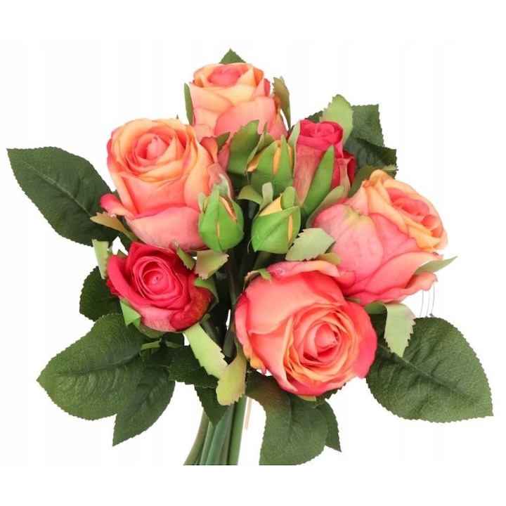 Buchet trandafiri artificiali, Roz, 27 cm, 9 crengute
