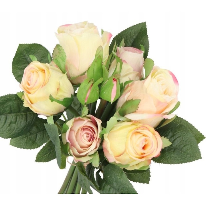 Buchet trandafiri artificiali, Bej, 27 cm, 9 crengute