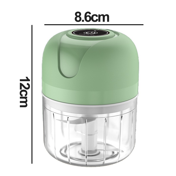 Tocator electric mini, set cu doua cupe 100ml si 250ml, USB, verde