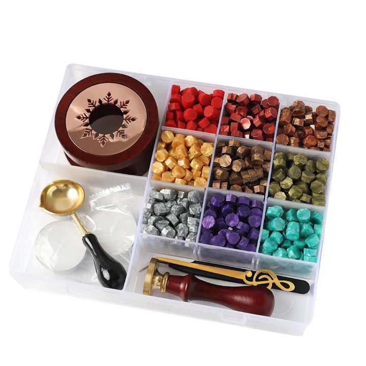 Kit sigiliu din ceara pentru invitatii si ambalaje, set complet cu stampila, lingurita de topit si pastile de ceara, culori separate in compartimente, multicolor, 1 set