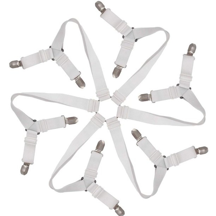 Set 6 cleme ajustabile pentru lenjeria de pat, Alb