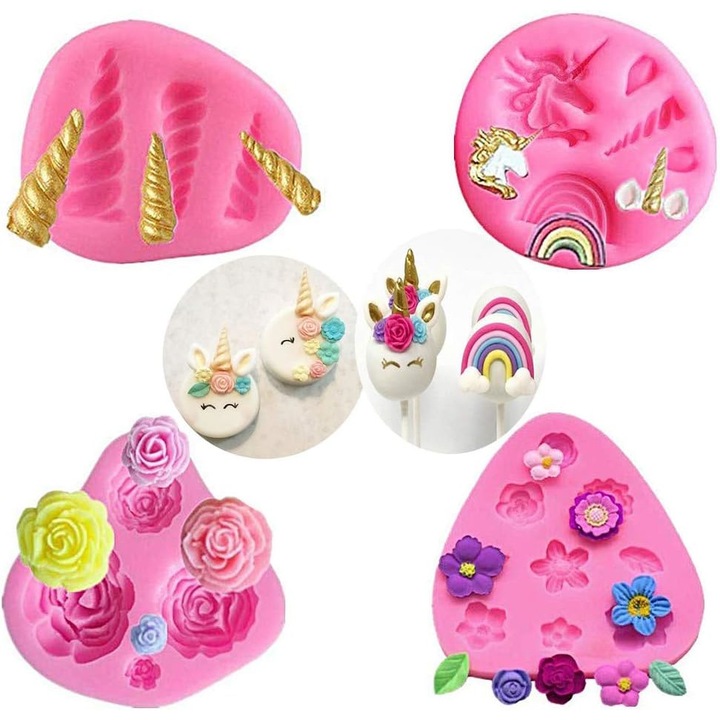 Set 4 forme de prajituri cu tematica unicorn, silicon, roz