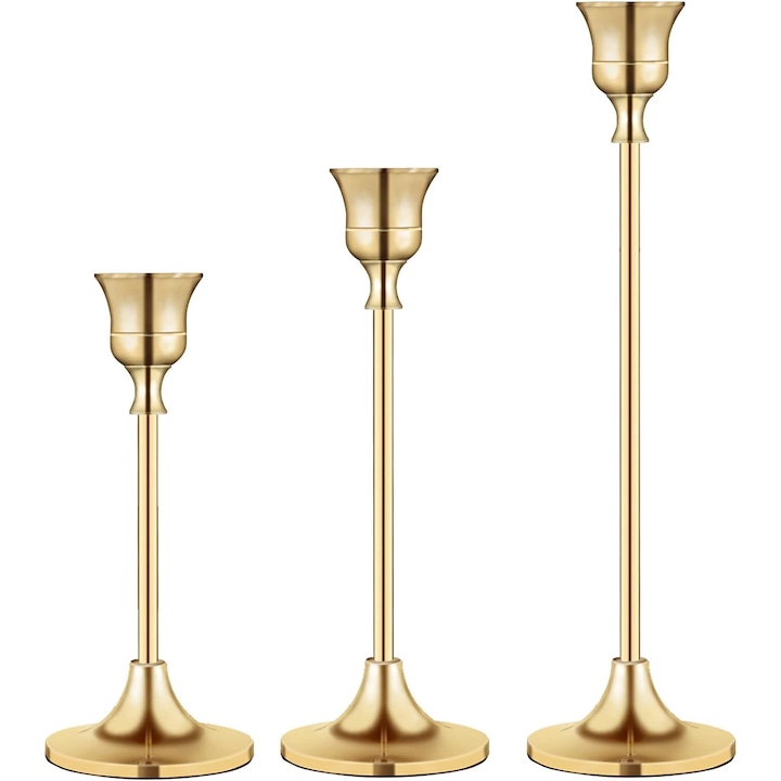 Set de 3 suporturi pentru lumanari tip sfesnic, Alama, Auriu, 66x163/183/213mm