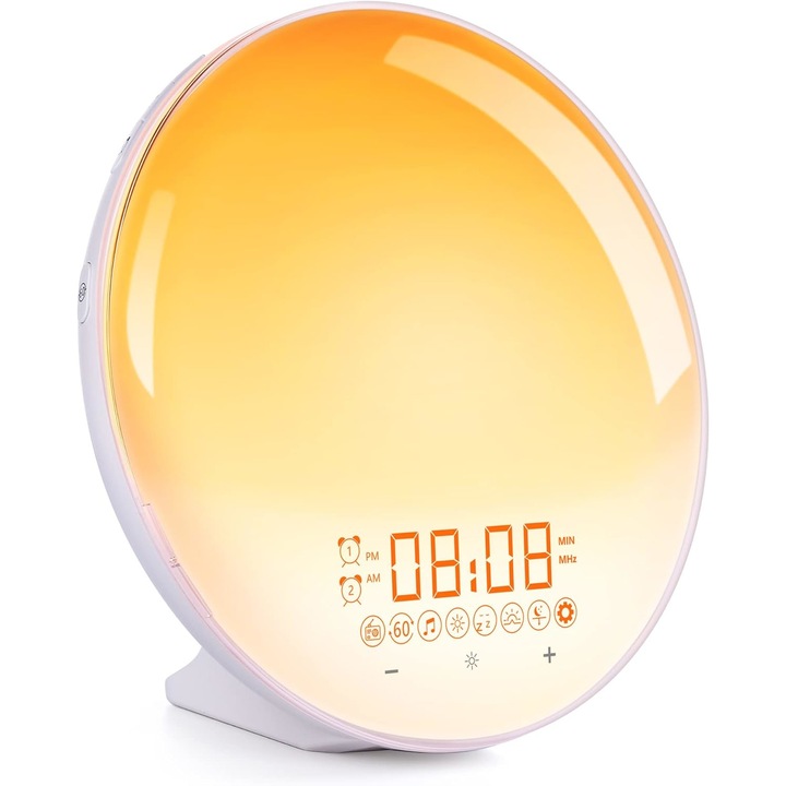 Ceas desteptator cu lumina, simulatie rasarit/apus, 20 niveluri de luminozitate, sunete naturale, functie snooze, multicolor, port Type-C