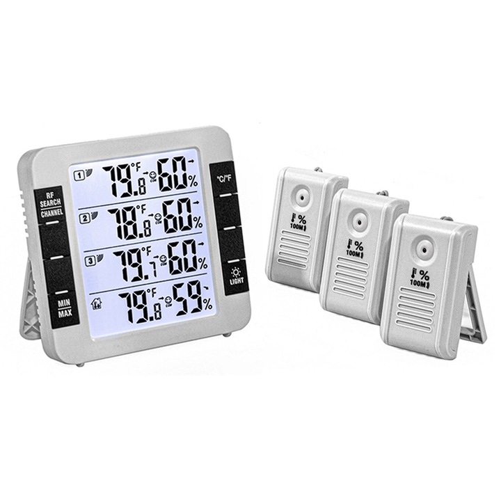 Комплект дигитален термометър с влагомер и 3 безжични сензора, BGHYHYHI, LCD екран с осветление, Max/Min запис, черно/бяло