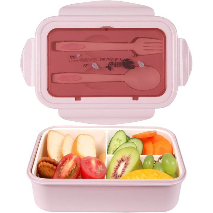 Set caserola alimentara, 1400ml, 2 straturi, compartimentata, roz, 21.5x13x7cm, include tacamuri