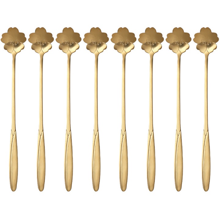 Set 8 lingurite pentru desert, Inox, Design floare, 18 cm, Auriu