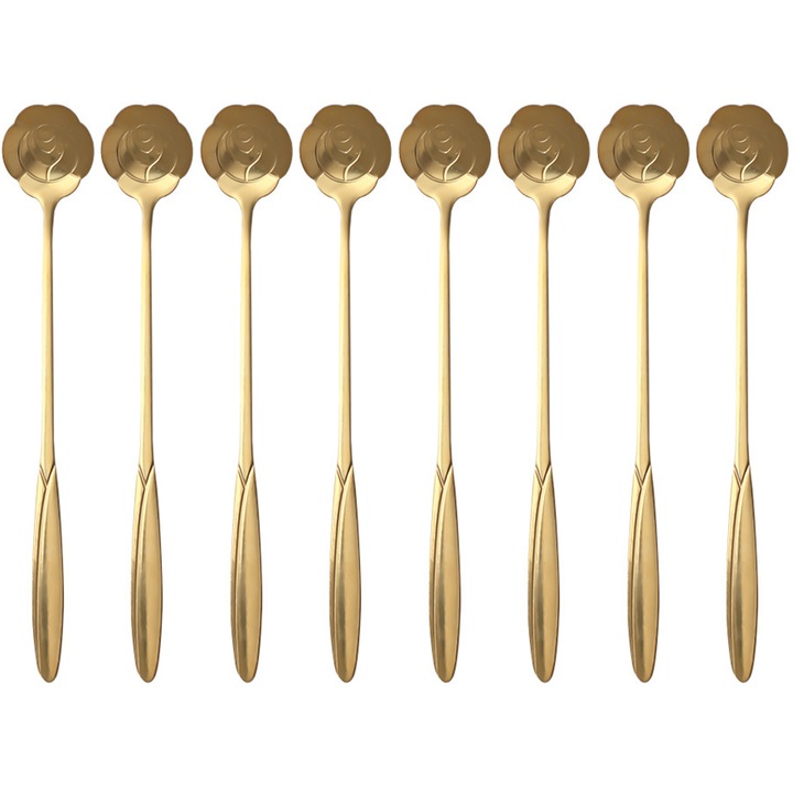 Set 8 linguri de desert, inox, forme florale, auriu